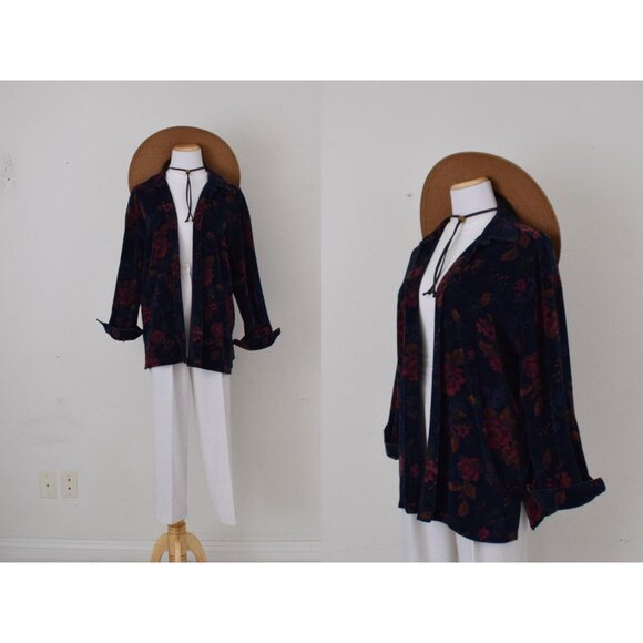 Vintage 80s Cotton/Poly Dark Navy Floral‎ Print Blouse | size Large - Picture 1 of 10